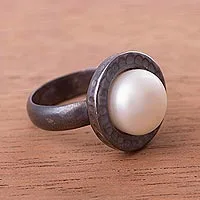 Cultured pearl cocktail ring, 'The Pearl of Asgard' - Cultured Pearl and Sterling Silver Ring with Oxidized Finish