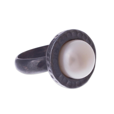 Cultured pearl cocktail ring, 'The Pearl of Asgard' - Cultured Pearl and Sterling Silver Ring with Oxidized Finish