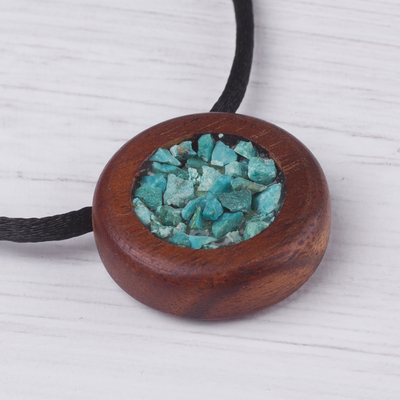 Chrysocolla pendant necklace, 'Pebble Pool' - Recycled Hualtaco Wood and Chrysocolla Pendant Necklace