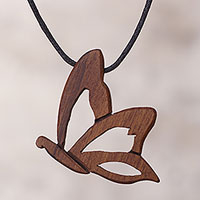 Peruvian Wood Pendant Necklace with Butterfly Motif,'Natural Rebirth'
