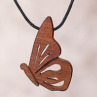 Wood pendant necklace, 'Earthy Butterfly' - Hualtaco Wood Butterfly Pendant Necklace from Peru