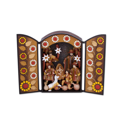 Ceramic retablo, 'Festive Rites' - Hand-Painted Ceramic Nativity Retablo from Peru