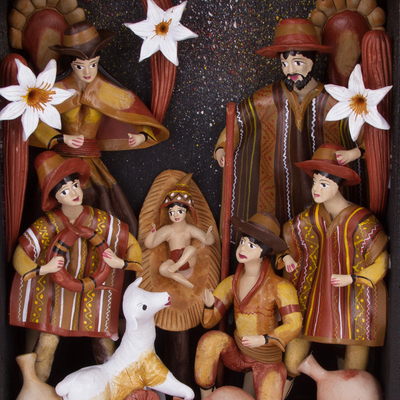 Ceramic retablo, 'Festive Rites' - Hand-Painted Ceramic Nativity Retablo from Peru