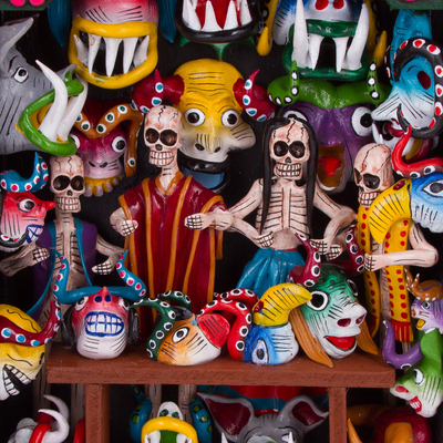 Ceramic retablo, 'Carnival Mask Shop' - Hand-Painted Ceramic Carnival Retablo from Peru