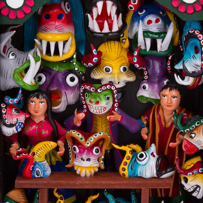 Ceramic retablo, 'Andean Mask Shop' - Hand-Painted Ceramic Mask-Themed Retablo from Peru