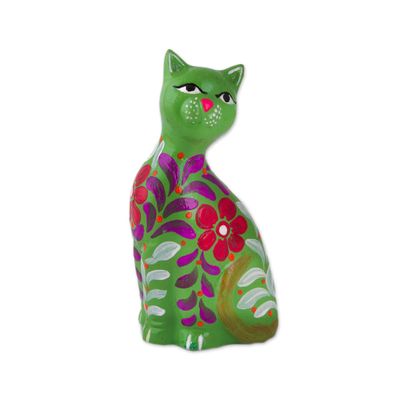 Green Artisan Crafted Floral Ceramic Cat Figurine from Peru