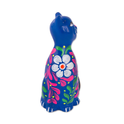 Keramikfigur - Peruanische Kunsthandwerker-Katzenfigur aus Keramik mit Blumenmuster in Blau