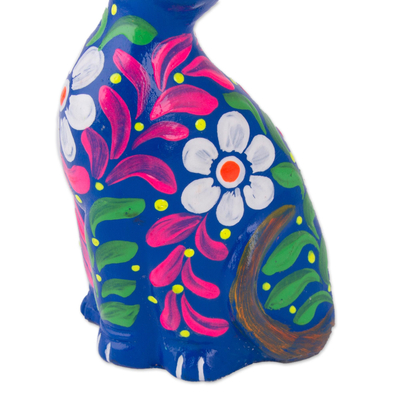 estatuilla de cerámica - Figura de gato de cerámica floral artesanal peruana en azul