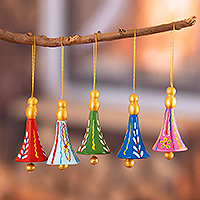 Ceramic ornaments, 'Rainbow Bells' (set of 5)