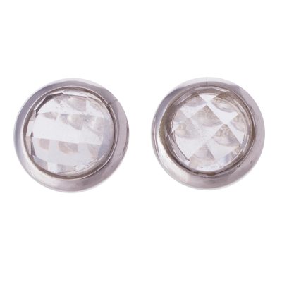 Quartz button earrings, 'Circular Treasures' - Circular Quartz Button Earrings from Peru