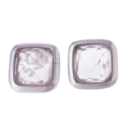 Quartz button earrings, 'Square Treasures' - Square Quartz Button Earrings from Peru