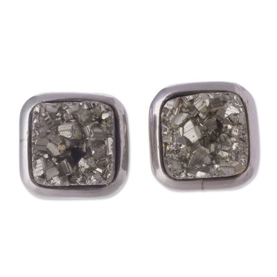 Pyrite button earrings, 'Square Treasures' - Square Pyrite Button Earrings from Peru