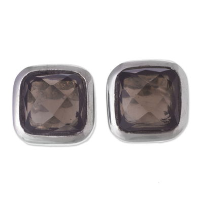 Smoky quartz button earrings, 'Square Treasures' - Square Smoky Quartz Button Earrings from Peru