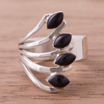 Onyx multi-stone ring, 'Radiant Leaves' - 950 Silver and Onyx Multi-Stone Cocktail Ring from Peru