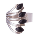 Onyx multi-stone ring, 'Radiant Leaves' - 950 Silver and Onyx Multi-Stone Cocktail Ring from Peru