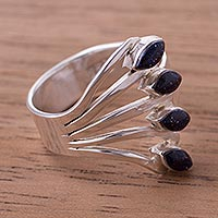 Glass beaded silver cocktail ring, 'Radiant Leaves' - Sterling Silver and Glass Beaded Cocktail Ring from Peru