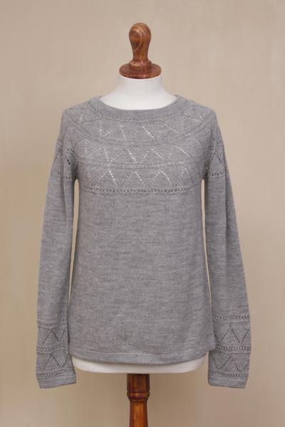 100% baby alpaca sweater, 'Airy' - Light Grey Baby Alpaca Long-Sleeve Pullover Knit Sweater
