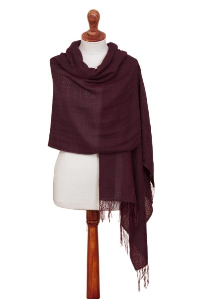 100% alpaca shawl, 'Berry Mocha' - Berry and Brown 100% Alpaca Woven Fringed Shawl from Peru