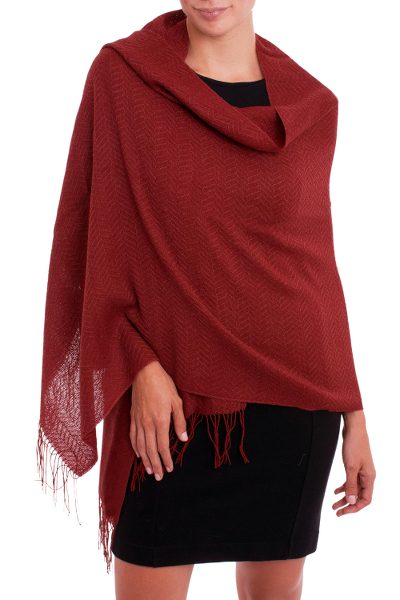 100% alpaca shawl, 'Harvest Apple' - Crimson Red Subtle Chevron Pattern 100% Alpaca Woven Shawl