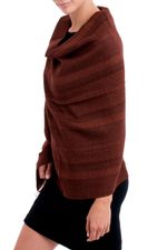 Alpaca blend shawl, 'Subtle Current' - Chestnut and Maroon Subtle Patterns Alpaca Blend Woven Shawl