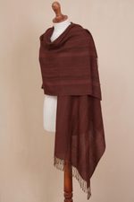 Alpaca blend shawl, 'Subtle Current' - Chestnut and Maroon Subtle Patterns Alpaca Blend Woven Shawl