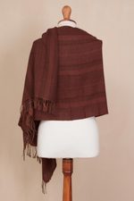 Alpaca blend shawl, 'Subtle Current' - Chestnut and Maroon Subtle Patterns Alpaca Blend Woven Shawl