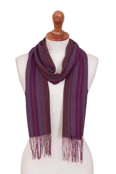 100% alpaca scarf, 'Dawn Horizon' - Multicolor Purple Striped 100% Alpaca Fringed Woven Scarf