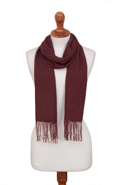 100% alpaca scarf, 'Best Vintage' - Burgundy 100% Alpaca Textured Woven Fringed Scarf from Peru