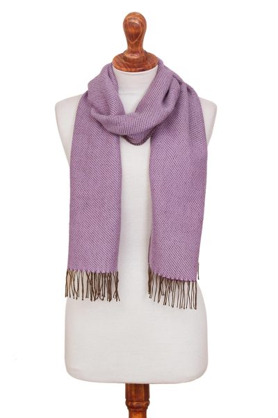 Alpaca blend scarf, 'Delicate Lilac' - Lilac Fine Diagonal Stripe Alpaca Blend Woven Fringed Scarf