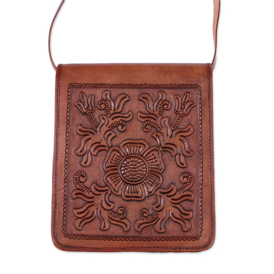 Leather sling, 'Flower Adventure' - Colonial Floral Motif Brown Leather Sling from Peru