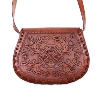 Leather sling, 'Daisy Bouquet' - Handcrafted Floral Leather Sling Handbag from Peru