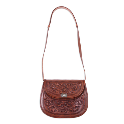 Adjustable Floral Leather Sling Handbag from Peru