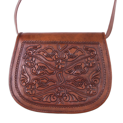 Leather sling, 'Lovely Tulips' - Adjustable Floral Leather Sling Handbag from Peru
