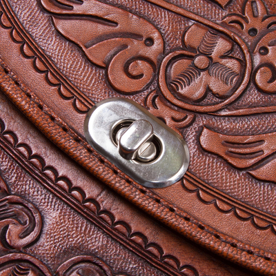 Leather sling, 'Lovely Tulips' - Adjustable Floral Leather Sling Handbag from Peru