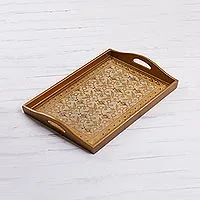 Reverse painted glass tray, 'Golden Flowers' - Gold-Tone Floral Reverse Painted Glass Tray from Peru