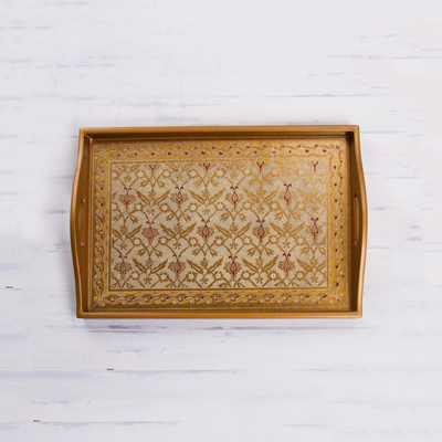 Reverse painted glass tray, 'Golden Flowers' - Gold-Tone Floral Reverse Painted Glass Tray from Peru