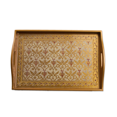 Reverse painted glass tray, 'Golden Flowers' - Gold-Tone Floral Reverse Painted Glass Tray from Peru