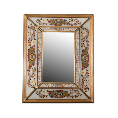 Floral Reverse-Painted Glass Wall Mirror from Peru