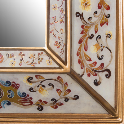 Espejo de pared de cristal pintado al revés - Espejo de pared floral de vidrio pintado al revés de Perú