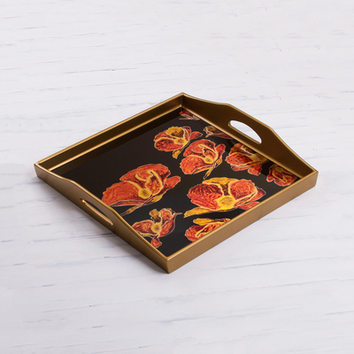 Tablett aus rückseitig lackiertem Glas - Rückseitig bemaltes Glastablett mit Mohnblumenmotiven auf Schwarz