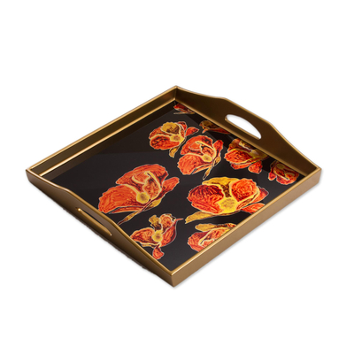 Reverse Painted Glass Tray With Poppy Motifs on Black