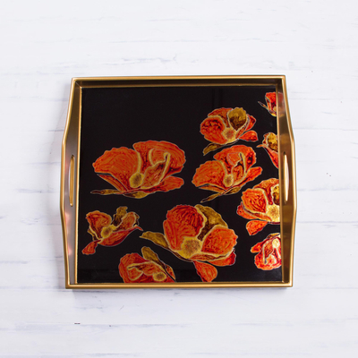 Reverse painted glass tray, 'Gleaming Poppies on Black' - Reverse Painted Glass Tray With Poppy Motifs on Black