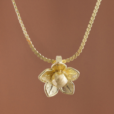 Gold plated sterling silver pendant necklace, 'Glistening Petals' - Gold Plated Sterling Silver Flower Necklace from Peru