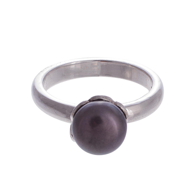 Cultured pearl cocktail ring, 'Black Nascent Flower' - Cultured Pearl Cocktail Ring in Black from Peru