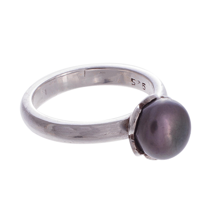 Cultured pearl cocktail ring, 'Black Nascent Flower' - Cultured Pearl Cocktail Ring in Black from Peru