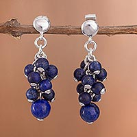 Lapis lazuli dangle earrings, 'Blueberry Cluster' - Lapis Lazuli Bead Cluster Sterling Silver Dangle Earrings