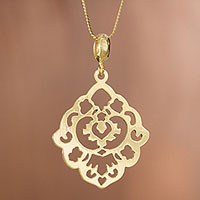 Gold Plated Sterling Silver Openwork Pendant Necklace,'Floral Rhombus'