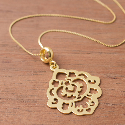 Gold plated sterling silver pendant necklace, 'Floral Rhombus' - Gold Plated Sterling Silver Openwork Pendant Necklace