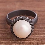 Round Cultured Pearl Oxidized Sterling Silver Cocktail Ring, 'Sea Riches'