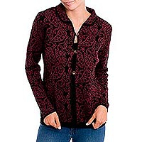 Featured review for Alpaca blend cardigan, Paisley Elegance in Burgundy